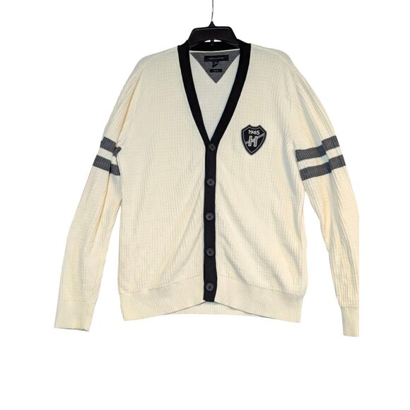Tommy Hilfiger Mens Trim Fit Cardigan Sweater 1985 Patch Button Front L/XL Cream - Picture 1 of 7